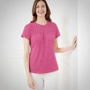 TALBOTS Smocked Crewneck Tee Shirt Pink Short Sleeve Medium